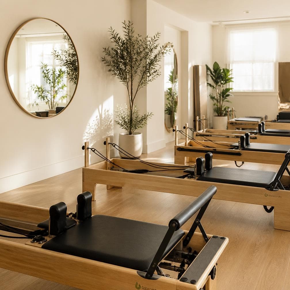 Interiorul unui studio de Pilates cu aparate reformer